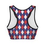 Blue Red And White Argyle Pattern Print Women's Sports Bra