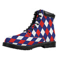 Blue Red And White Argyle Pattern Print Padded Collar Lace Up Boots