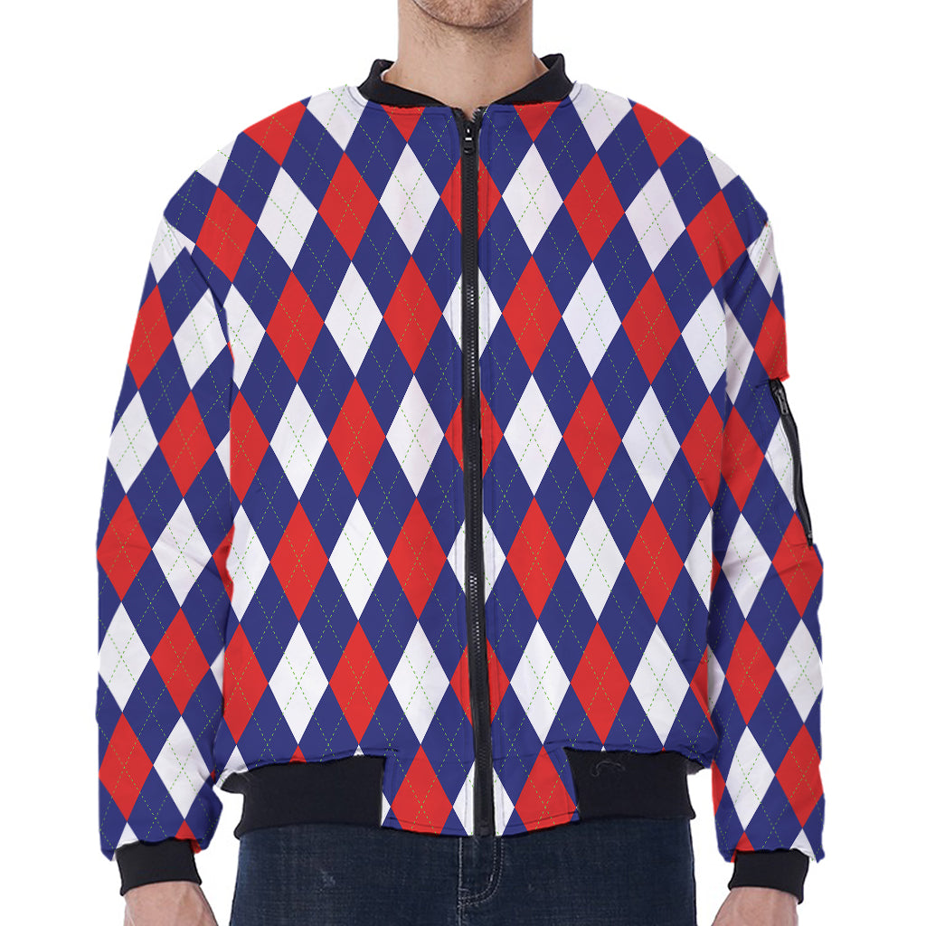 Blue Red And White Argyle Pattern Print Zip Sleeve Bomber Jacket