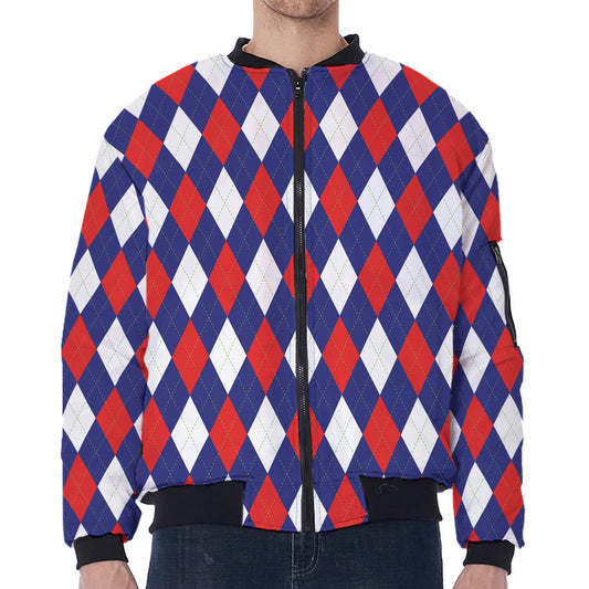 Blue Red And White Argyle Pattern Print Zip Sleeve Bomber Jacket