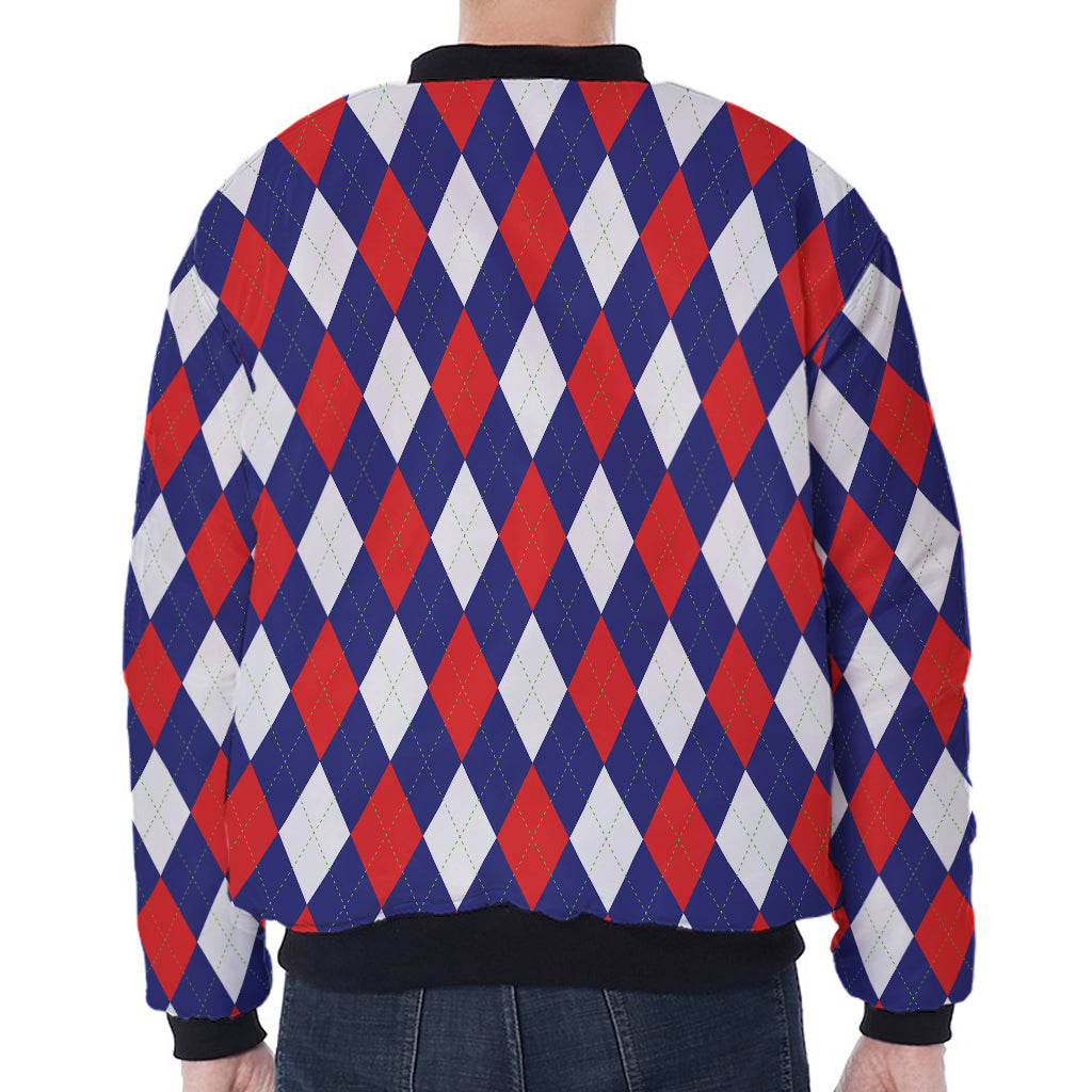 Blue Red And White Argyle Pattern Print Zip Sleeve Bomber Jacket