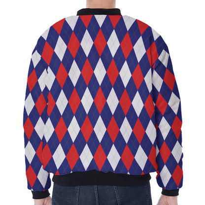 Blue Red And White Argyle Pattern Print Zip Sleeve Bomber Jacket