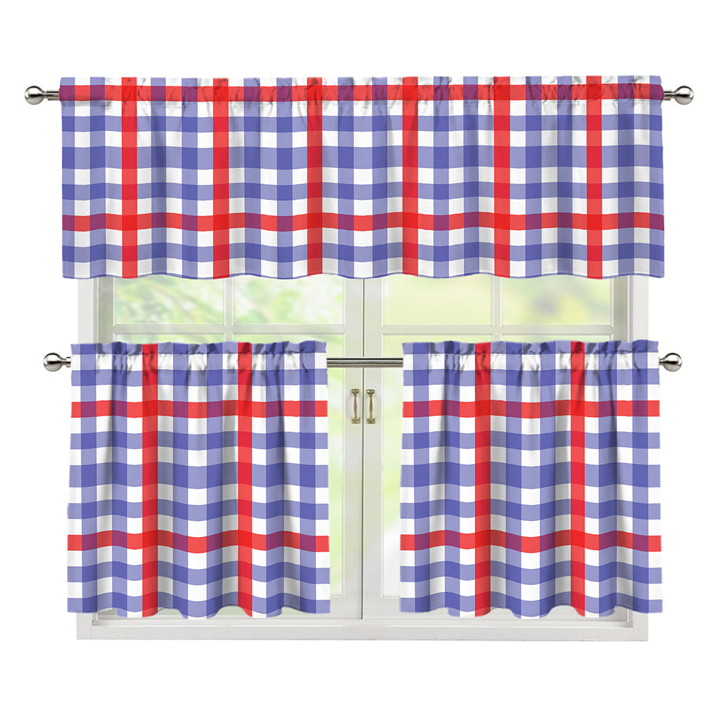 Blue Red And White Check Pattern Print 3 Piece Kitchen Curtains