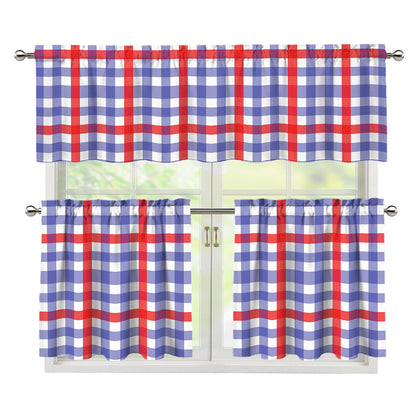 Blue Red And White Check Pattern Print 3 Piece Kitchen Curtains