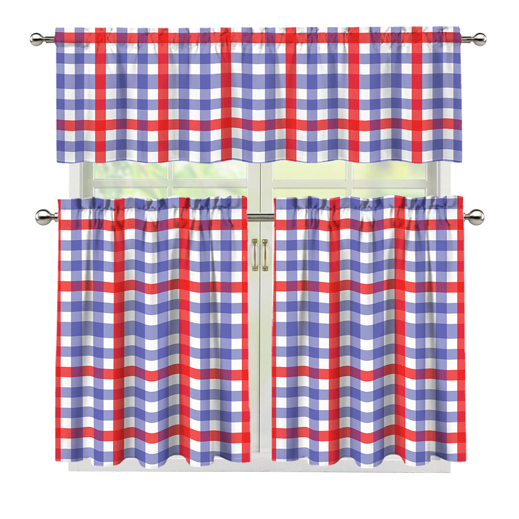Blue Red And White Check Pattern Print 3 Piece Kitchen Curtains