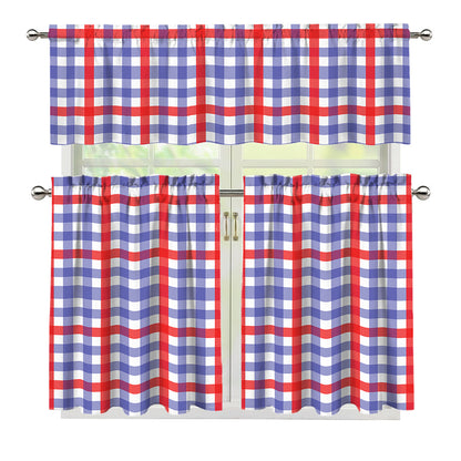 Blue Red And White Check Pattern Print 3 Piece Kitchen Curtains