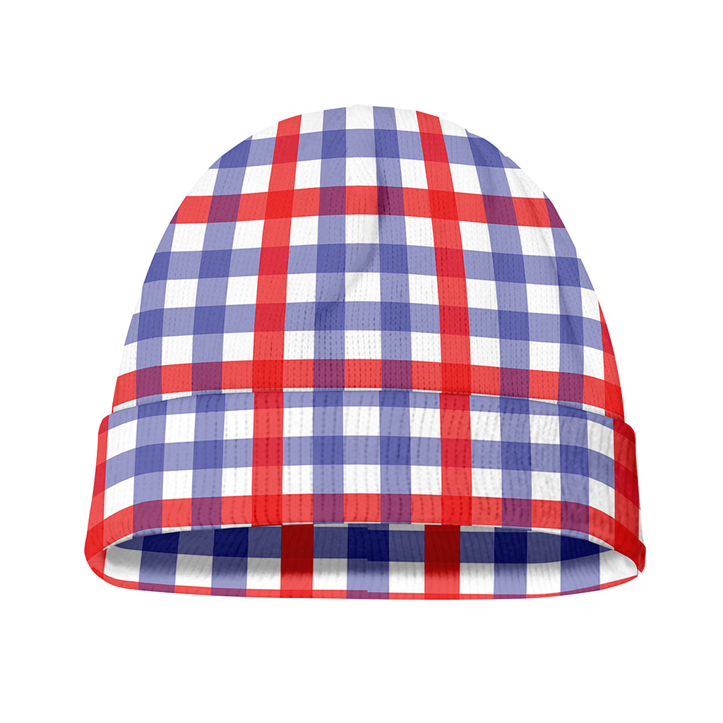 Blue Red And White Check Pattern Print Beanie