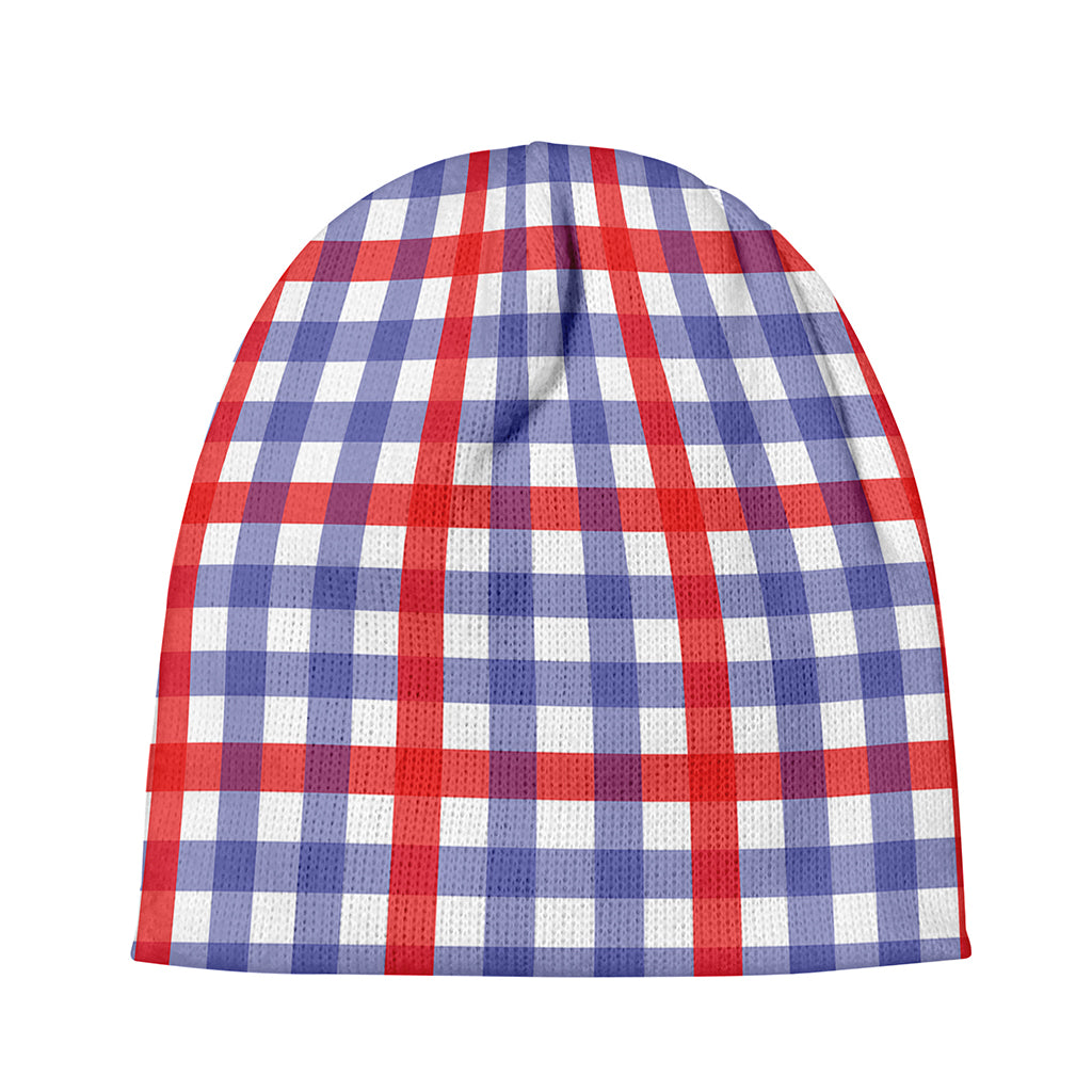 Blue Red And White Check Pattern Print Beanie