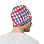 Blue Red And White Check Pattern Print Beanie