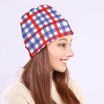 Blue Red And White Check Pattern Print Beanie
