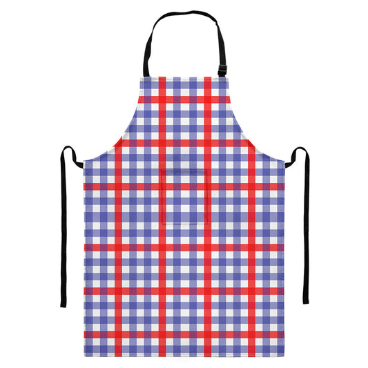 Blue Red And White Check Pattern Print Bib Apron With Pocket