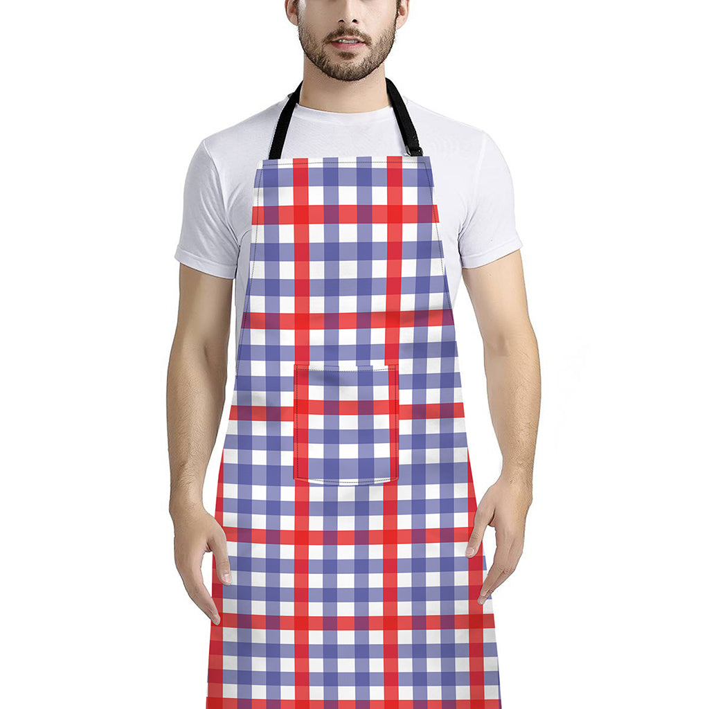 Blue Red And White Check Pattern Print Bib Apron With Pocket
