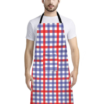 Blue Red And White Check Pattern Print Bib Apron With Pocket