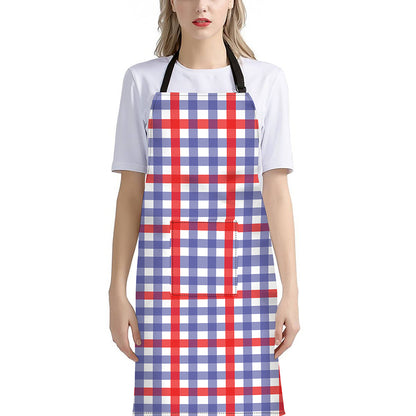 Blue Red And White Check Pattern Print Bib Apron With Pocket