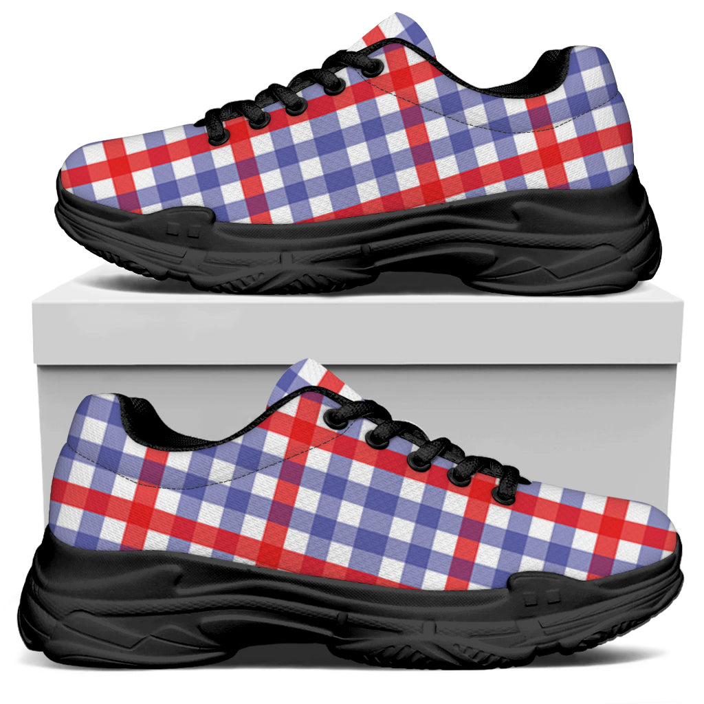 Blue Red And White Check Pattern Print Black Chunky Shoes