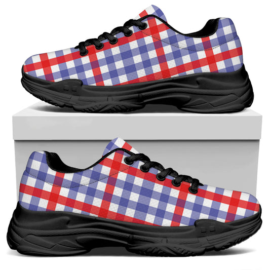 Blue Red And White Check Pattern Print Black Chunky Shoes