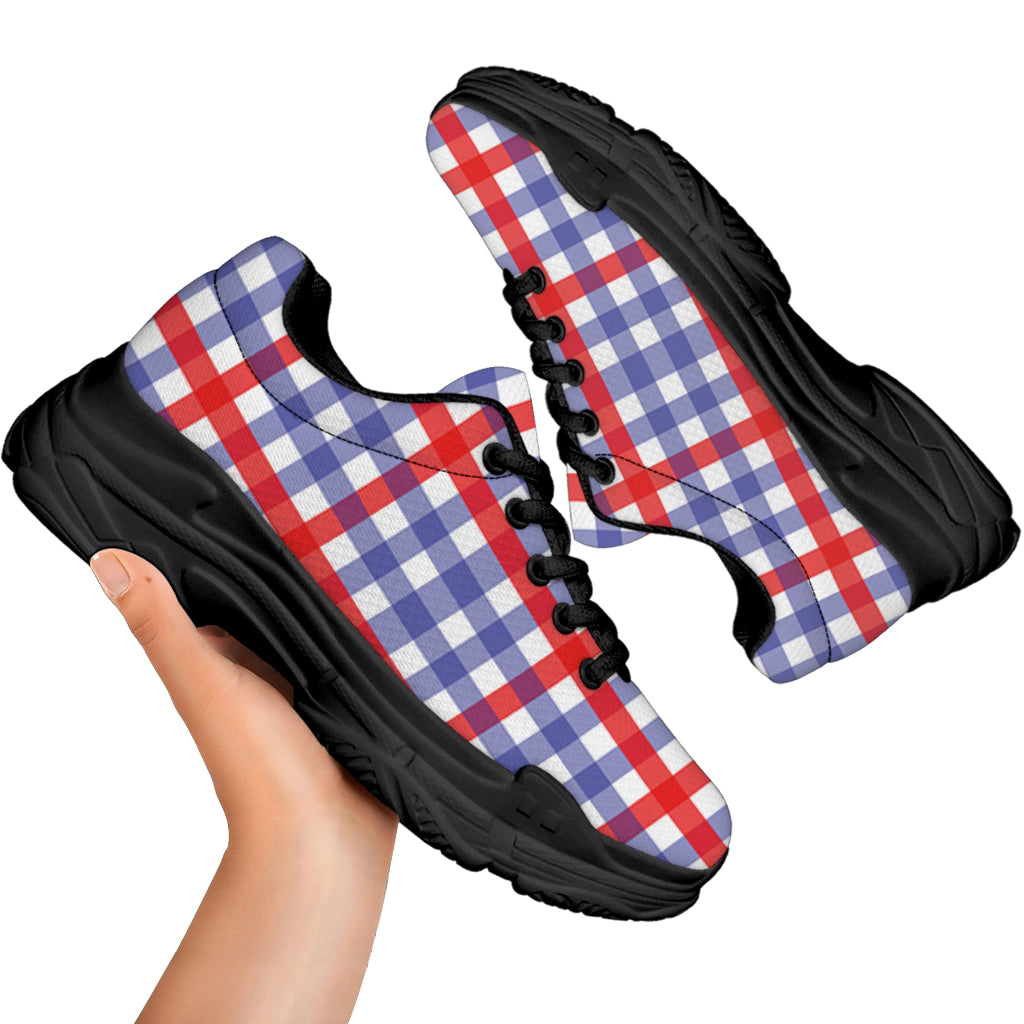 Blue Red And White Check Pattern Print Black Chunky Shoes