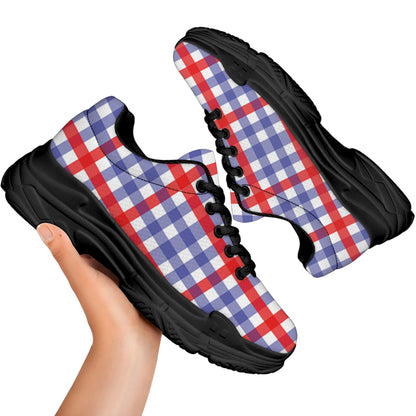 Blue Red And White Check Pattern Print Black Chunky Shoes