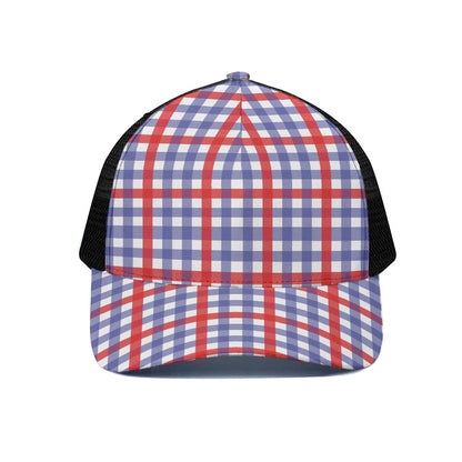 Blue Red And White Check Pattern Print Black Mesh Trucker Cap