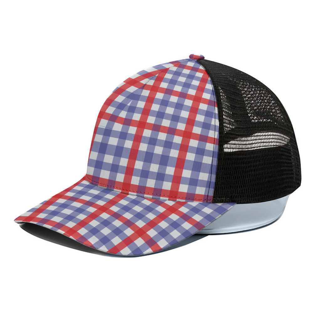 Blue Red And White Check Pattern Print Black Mesh Trucker Cap