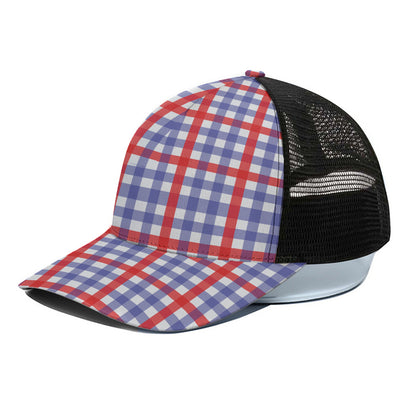Blue Red And White Check Pattern Print Black Mesh Trucker Cap