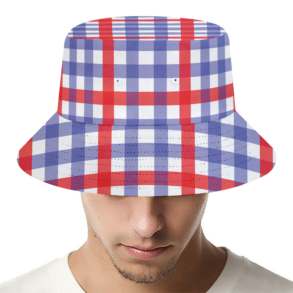 Blue Red And White Check Pattern Print Bucket Hat