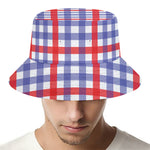 Blue Red And White Check Pattern Print Bucket Hat