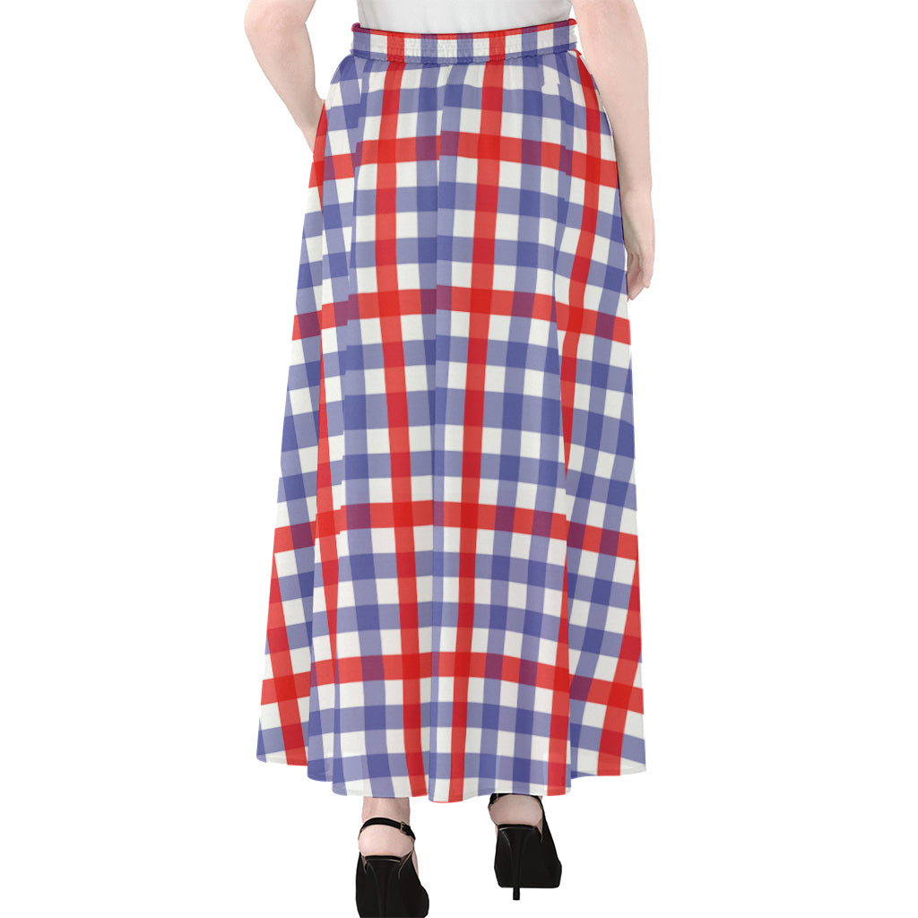 Blue Red And White Check Pattern Print Chiffon Maxi Skirt