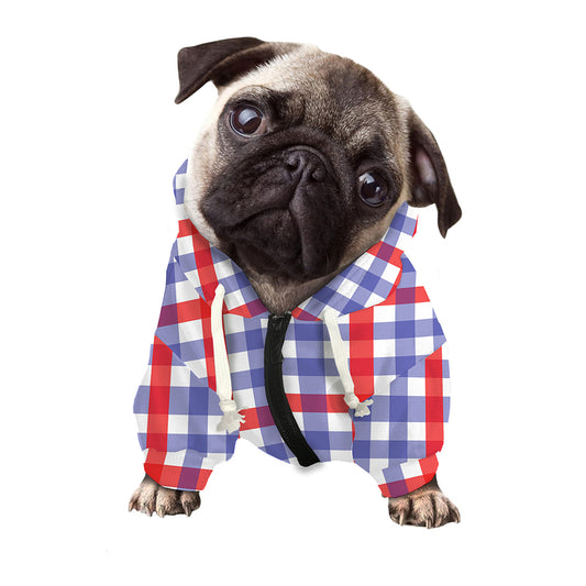 Blue Red And White Check Pattern Print Dog Zip Up Hoodie