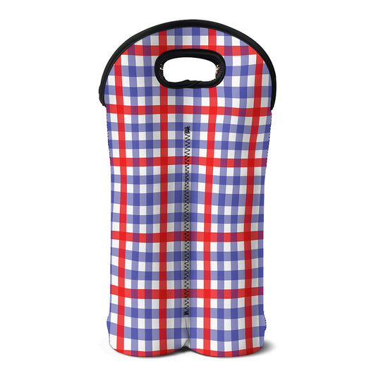 Blue Red And White Check Pattern Print Double Neoprene Wine Tote