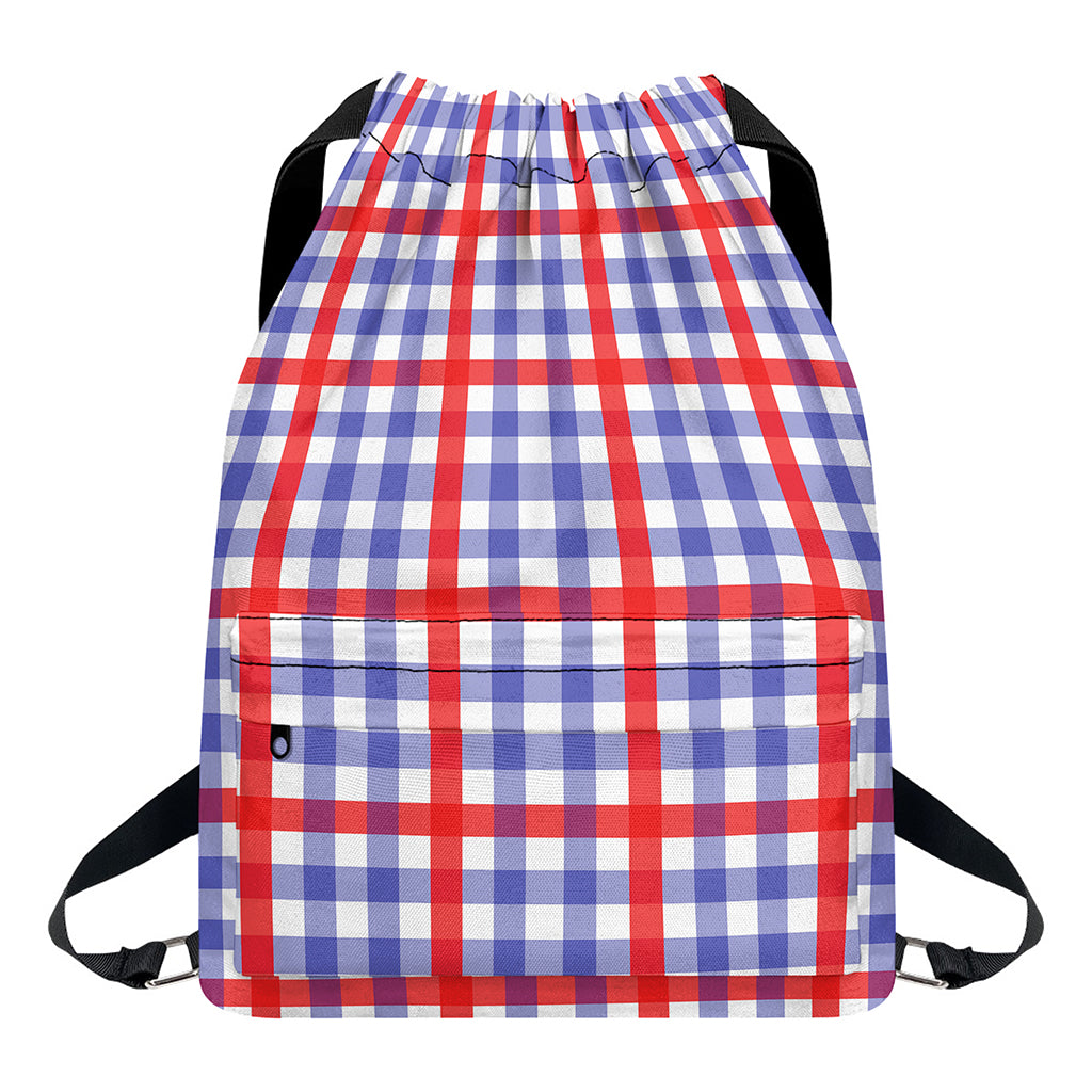 Blue Red And White Check Pattern Print Drawstring Backpack