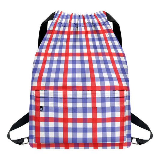 Blue Red And White Check Pattern Print Drawstring Backpack