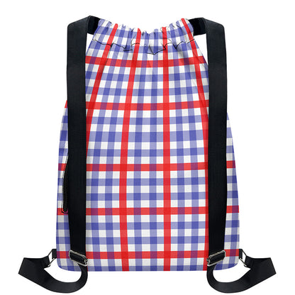 Blue Red And White Check Pattern Print Drawstring Backpack