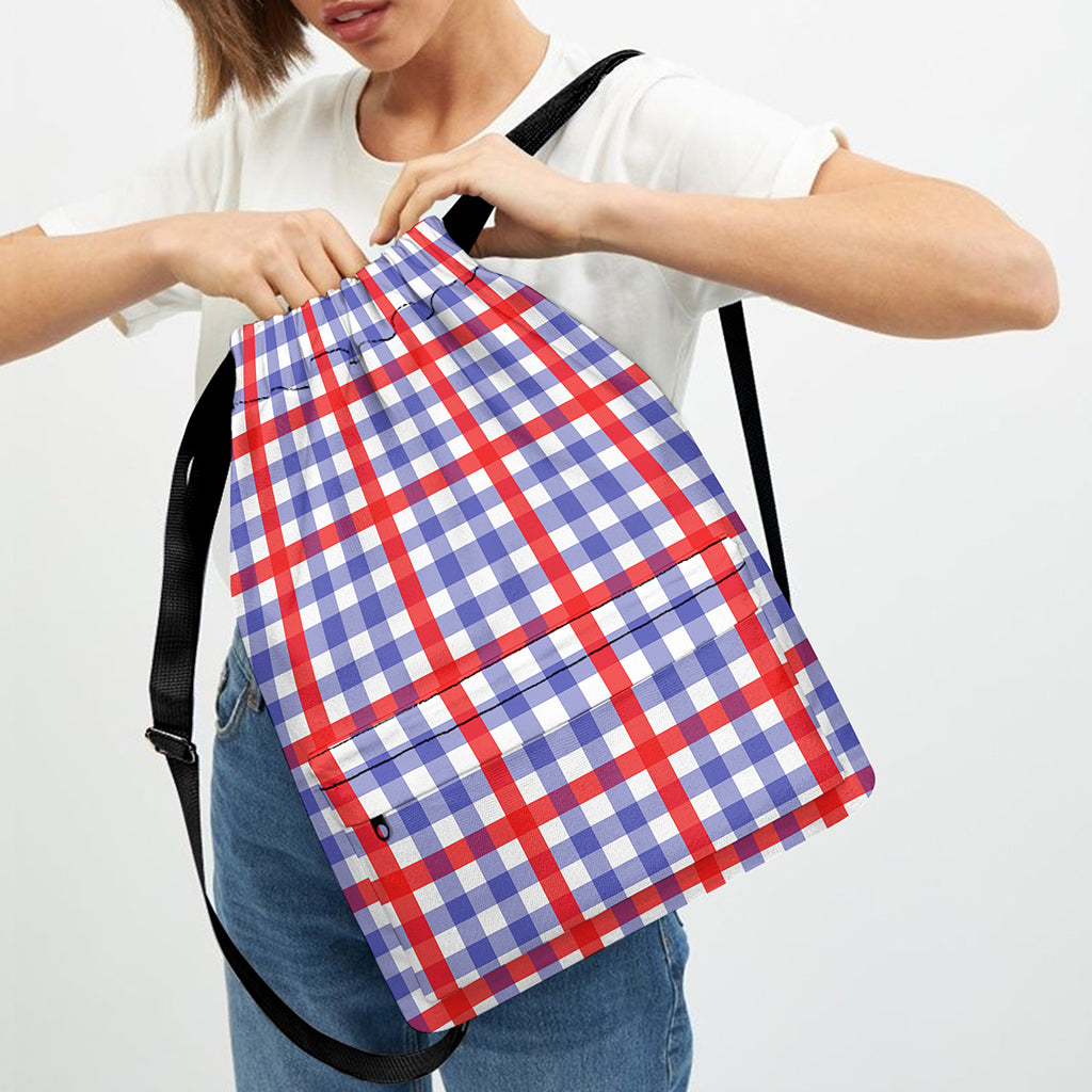 Blue Red And White Check Pattern Print Drawstring Backpack