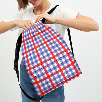 Blue Red And White Check Pattern Print Drawstring Backpack