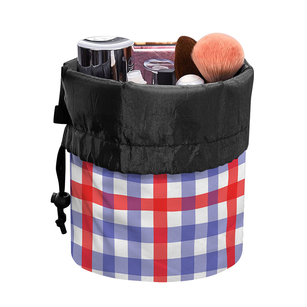 Blue Red And White Check Pattern Print Drawstring Makeup Bag