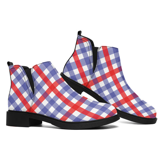Blue Red And White Check Pattern Print Flat Ankle Boots