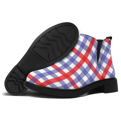 Blue Red And White Check Pattern Print Flat Ankle Boots