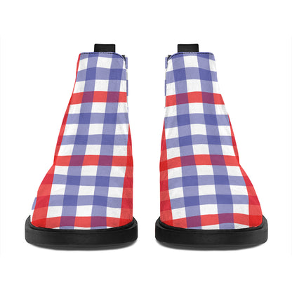 Blue Red And White Check Pattern Print Flat Ankle Boots