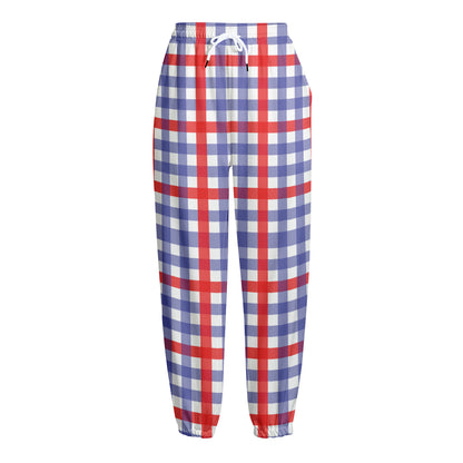 Blue Red And White Check Pattern Print Fleece Lined Knit Pants