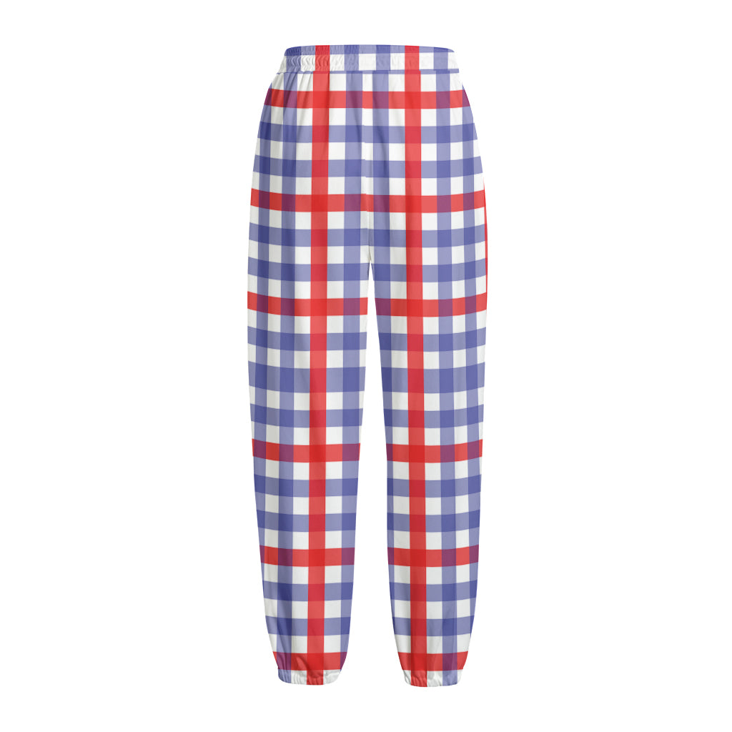 Blue Red And White Check Pattern Print Fleece Lined Knit Pants