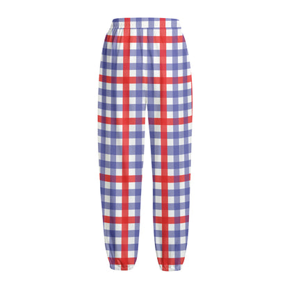 Blue Red And White Check Pattern Print Fleece Lined Knit Pants