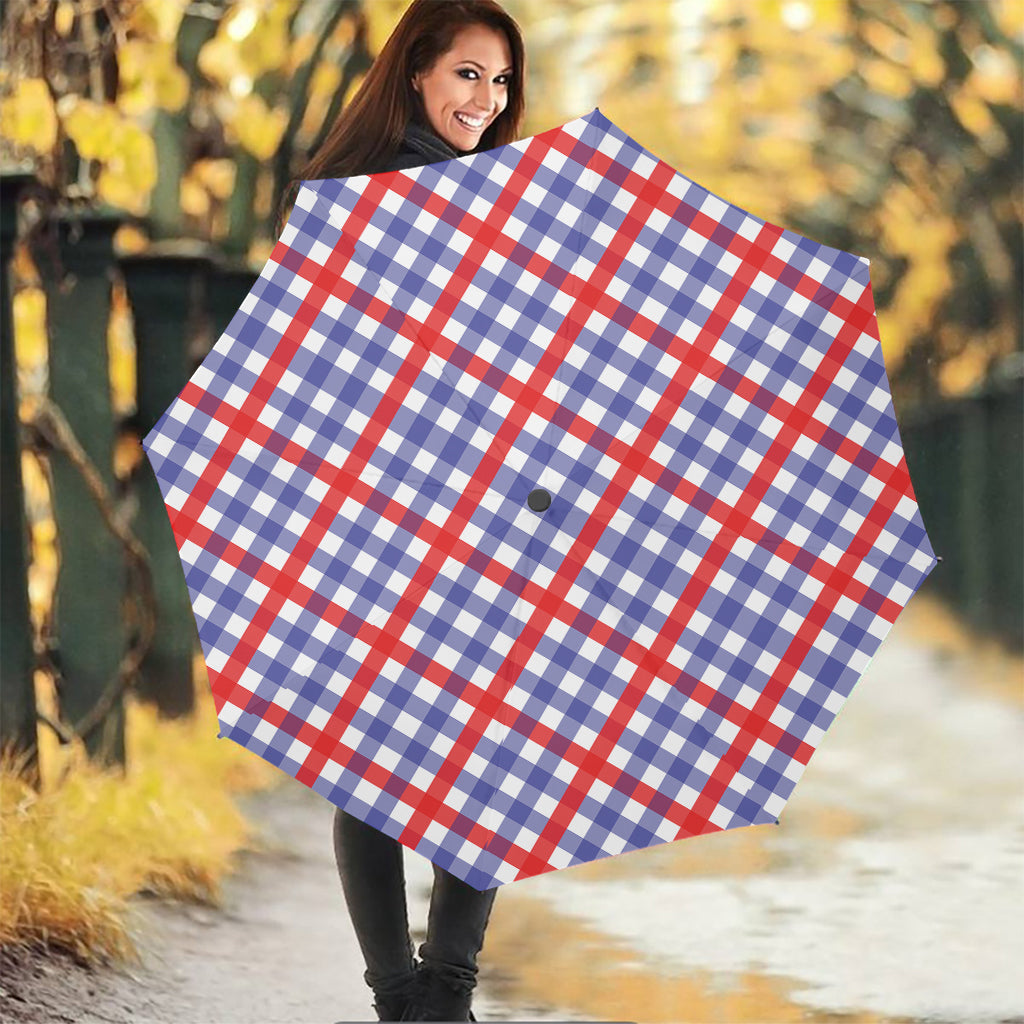 Blue Red And White Check Pattern Print Foldable Umbrella