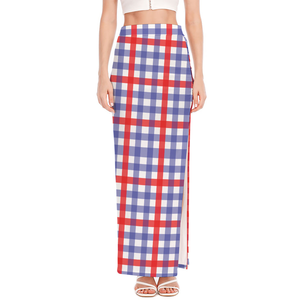 Blue Red And White Check Pattern Print High Slit Maxi Skirt