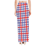 Blue Red And White Check Pattern Print High Slit Maxi Skirt