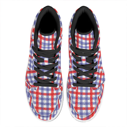 Blue Red And White Check Pattern Print High Top Leather Sneakers