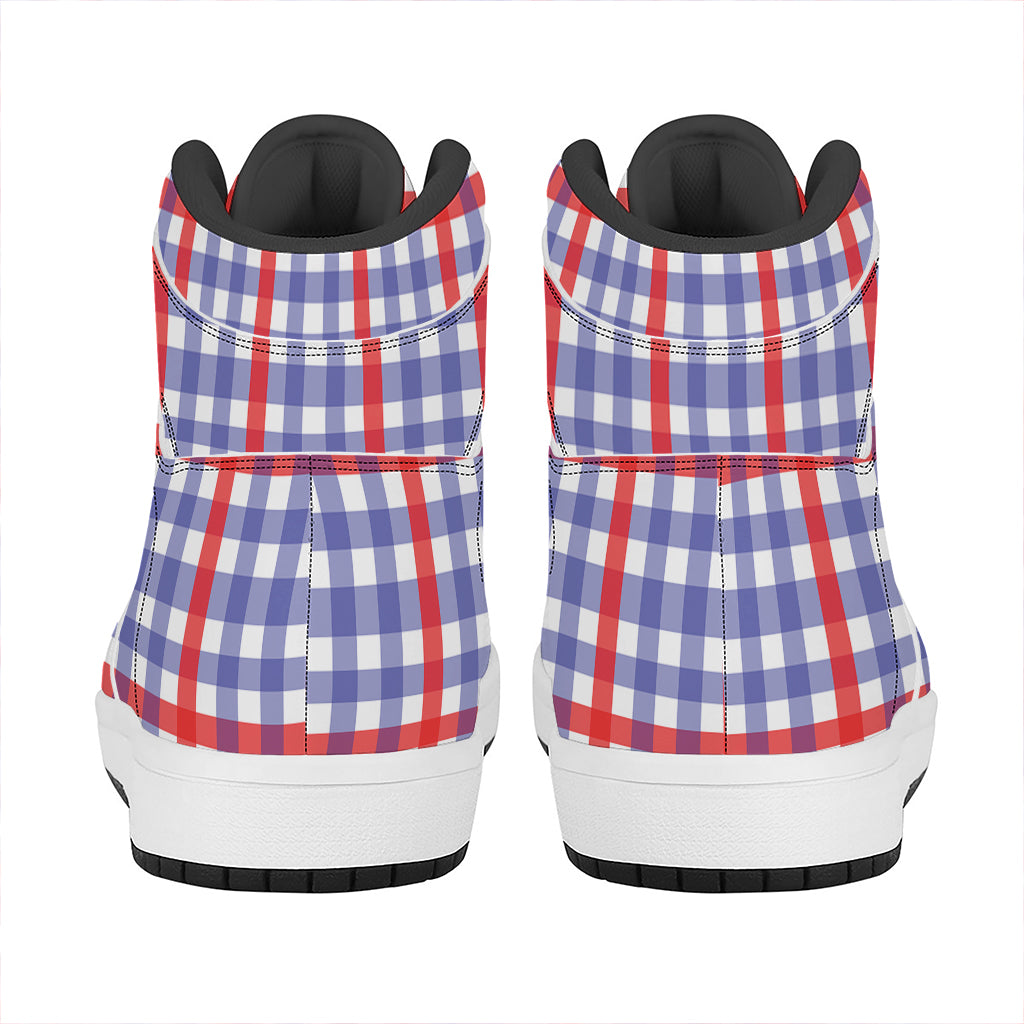 Blue Red And White Check Pattern Print High Top Leather Sneakers