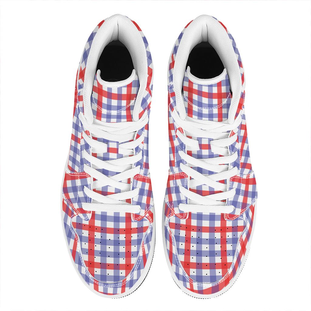 Blue Red And White Check Pattern Print High Top Leather Sneakers