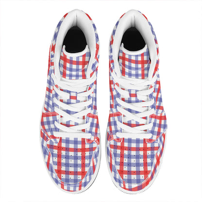 Blue Red And White Check Pattern Print High Top Leather Sneakers