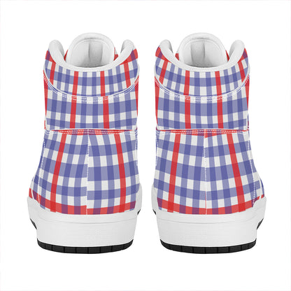 Blue Red And White Check Pattern Print High Top Leather Sneakers